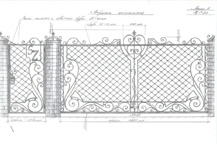 Эскиз кованых ворот с калиткой и забором