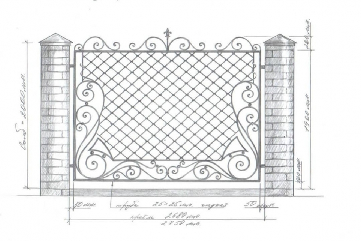 Эскиз кованых ворот с калиткой и забором