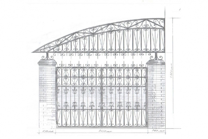Эскиз кованых ворот с навесом