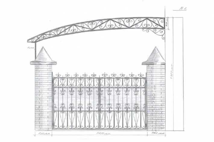 Эскиз кованых ворот с навесом